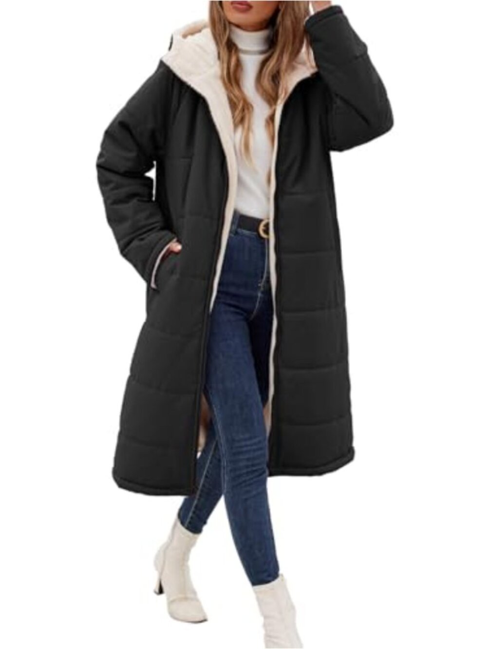 Women's Long Puffer Down Coat Fleece Sherpa Lined Reversible Hooded Winter